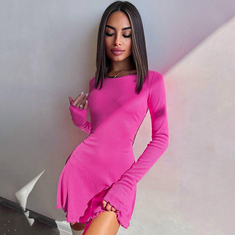 Solid Color Back Lace-up Waist-controlled Dress