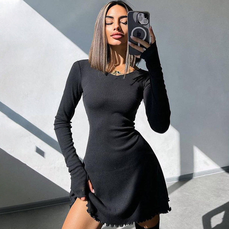 Solid Color Back Lace-up Waist-controlled Dress