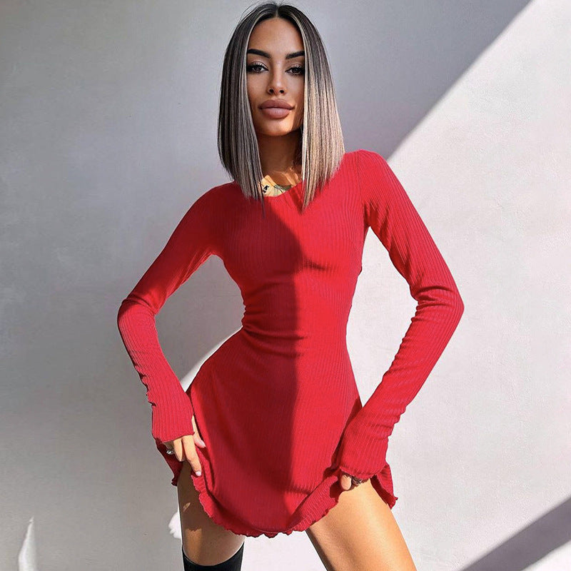 Solid Color Back Lace-up Waist-controlled Dress