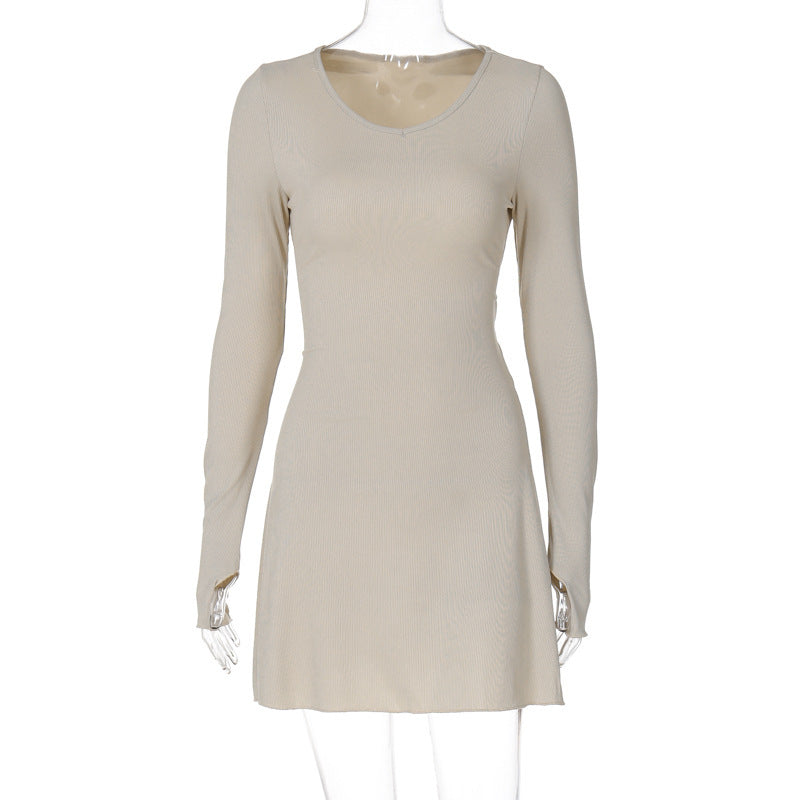 Solid Color Back Lace-up Waist-controlled Dress