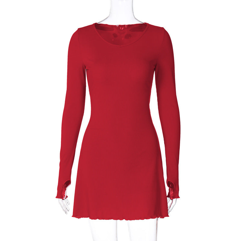 Solid Color Back Lace-up Waist-controlled Dress